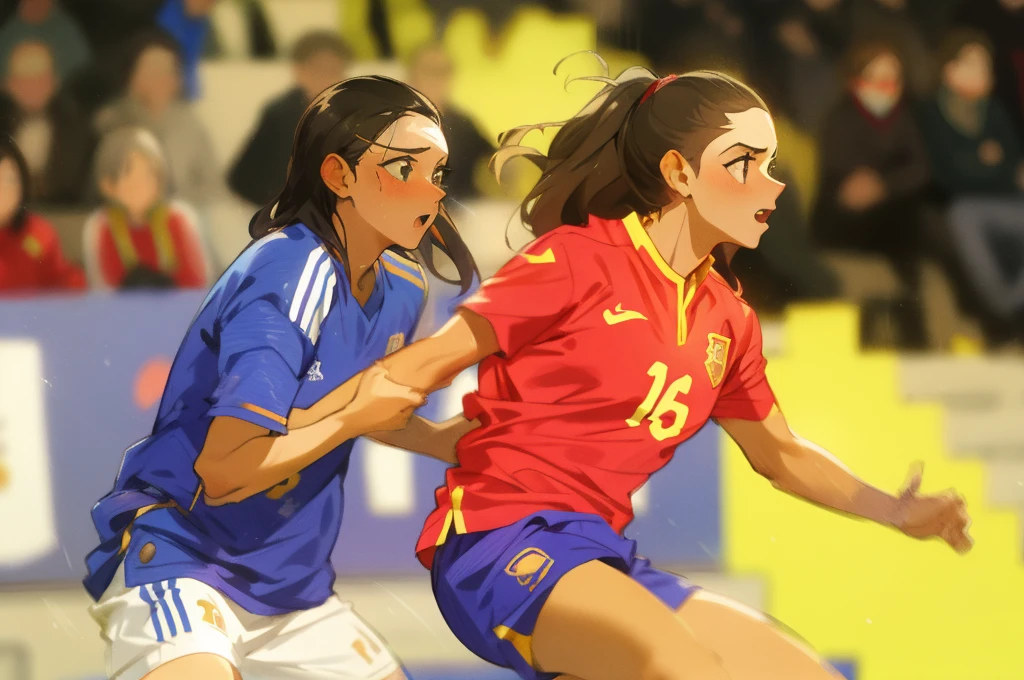 two women playing soccer in a stadium with a crowd watching, laura sava, spain rodriguez, julia sarda, indoor, valentina remenar, 1614572159, cover shot, simona sbaffi the captain, julia fuentes, daniel dociu, caroline gariba, elena masci, sanja stikovic