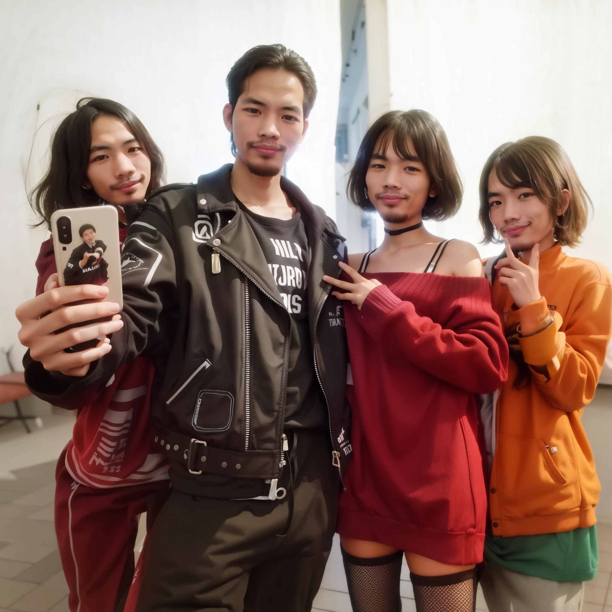 Sanx, man, wearing jacket with, cool, little smile expression, Very mullet hair