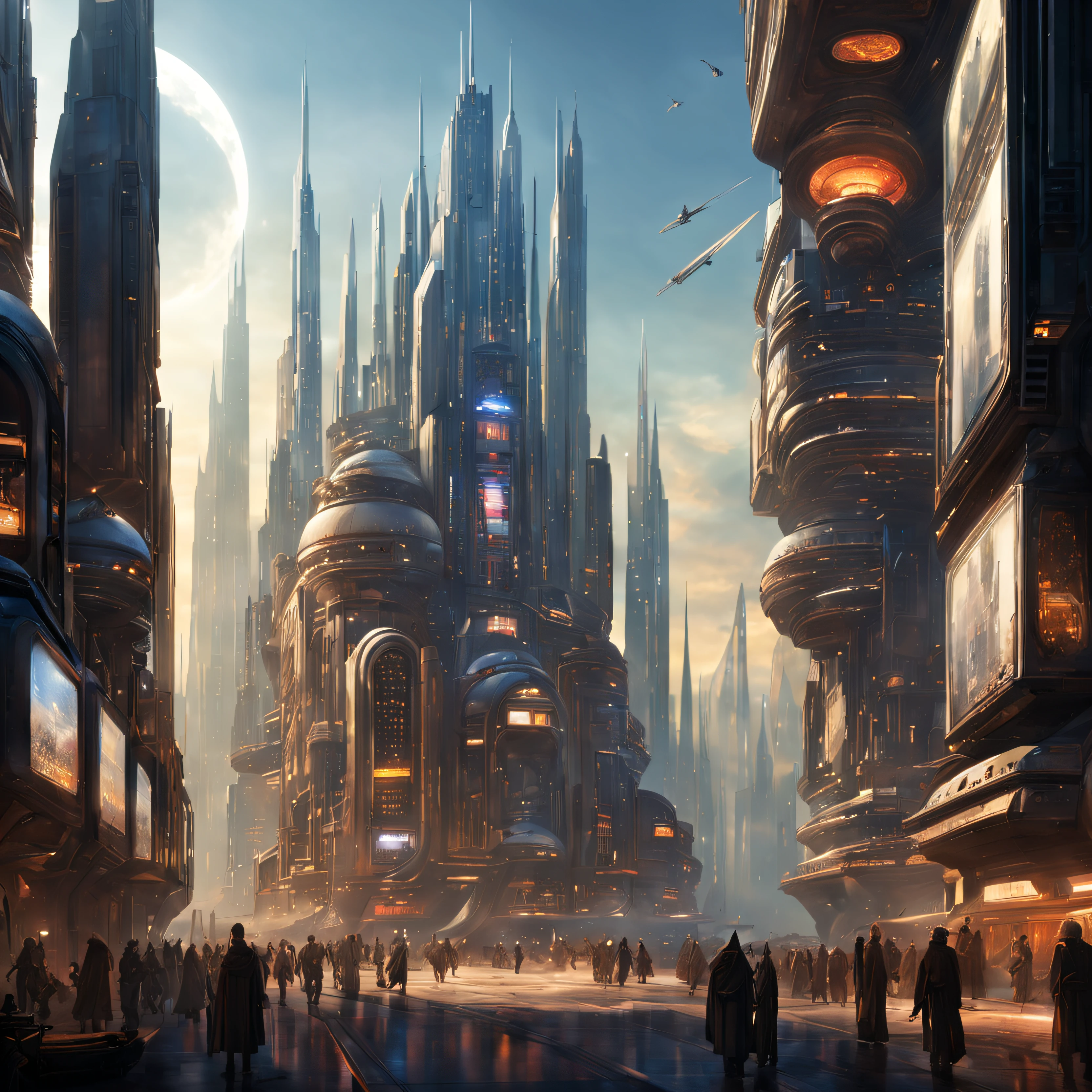 (The city of Coruscant from Star Wars as designed by Doug Chiang), futuristic fantasy city with immense buildings of technological design (que forman una avenida infinita), edificios compactor no difuminados con aspecto metalico, luces en ventanas en edificios, iluminacion diurna con sol, con estructuras acristaladas espectaculares, (con colores vivos). pavimento ensolado (sin brillo). gente paseando. imagen bien definida con muchos edificios juntos. imagen nitida bien definida 8k. los edificios llegan alta el fondo.,8k. imagen cinematografica