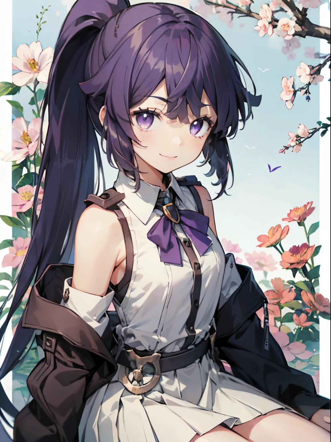 top-quality、Anime girl with purple hair and beautiful flowers in purple eyes々Park with blooming flowers、 [3D images:1.15],hight resolution、a park、Best Quality, High resolution, front-facing view、long hair overall、purple single ponytail、1girl in, firm face, Smile, Akatsuki, Long hair, Brown hair, Purple eyes, Bright pupils, Cute clothes、ＴThe shirt、The shirt、Cute skirt、skirt by the, White skirt、absolute reference to center、Dating