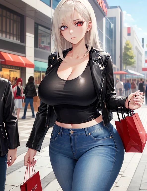 (Best quality, 4k, Masterpiece :1.3), mature pretty woman, ultra-detailed face, detailed lips, full lips, detailed eyes, double eyelid, wide hips, thick thighs, smooth skin, (big breasts:1.4), round breasts, symmetrical breasts, fake breasts, white hair, red eyes, ((thicc body)), tall, casual outfit, ((skinny jeans and a black leather jacket over a white tank top)), walking towards you in the mall, mall background