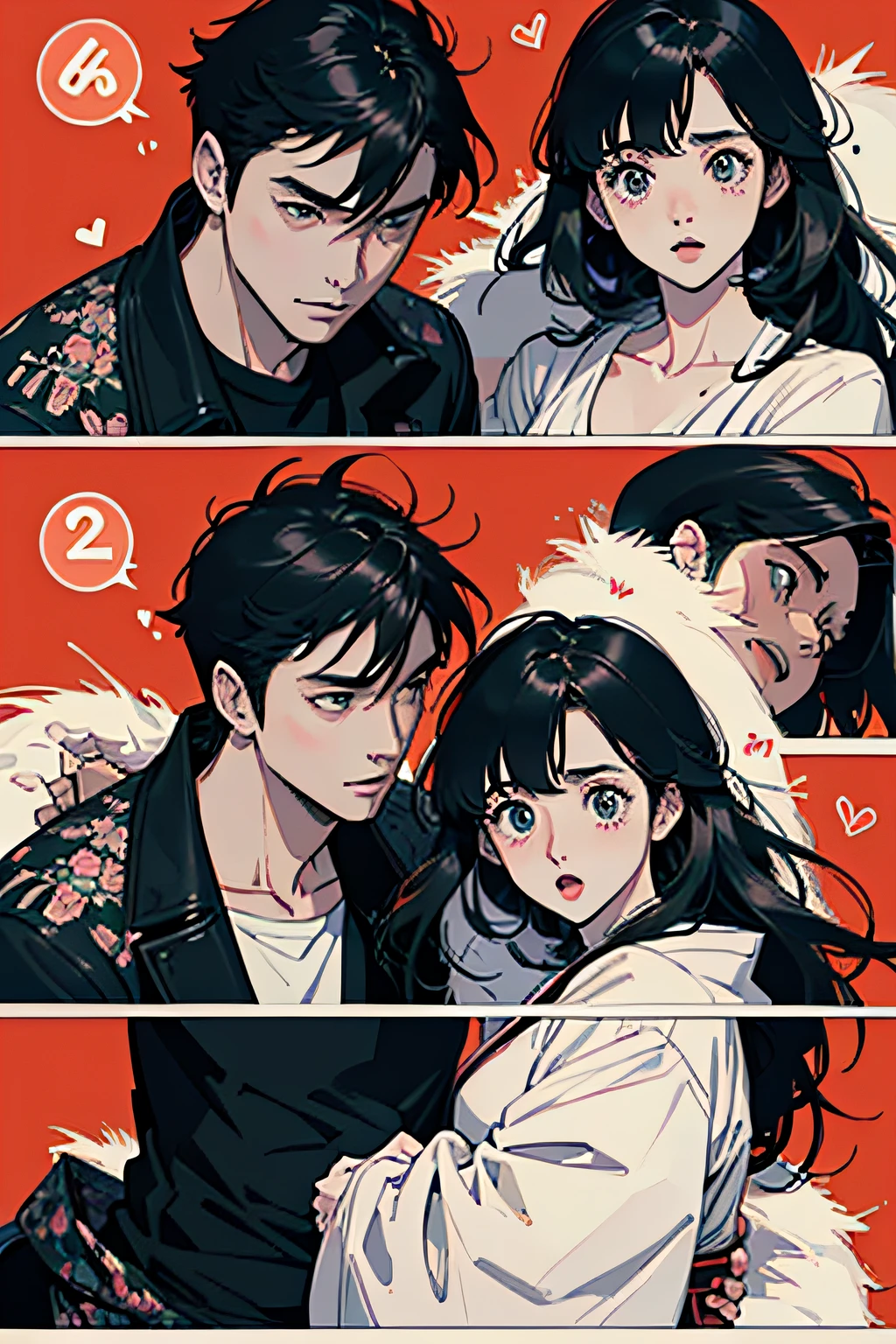 Comic Storyboard:1.8, comic strip, Comic Layout, My favorite manga storyboard, story of a loving couple, anime emoji theme pack, Hyper Hi-Vision, Japanese anime manga style, red background dark sky, 24K UHD.
