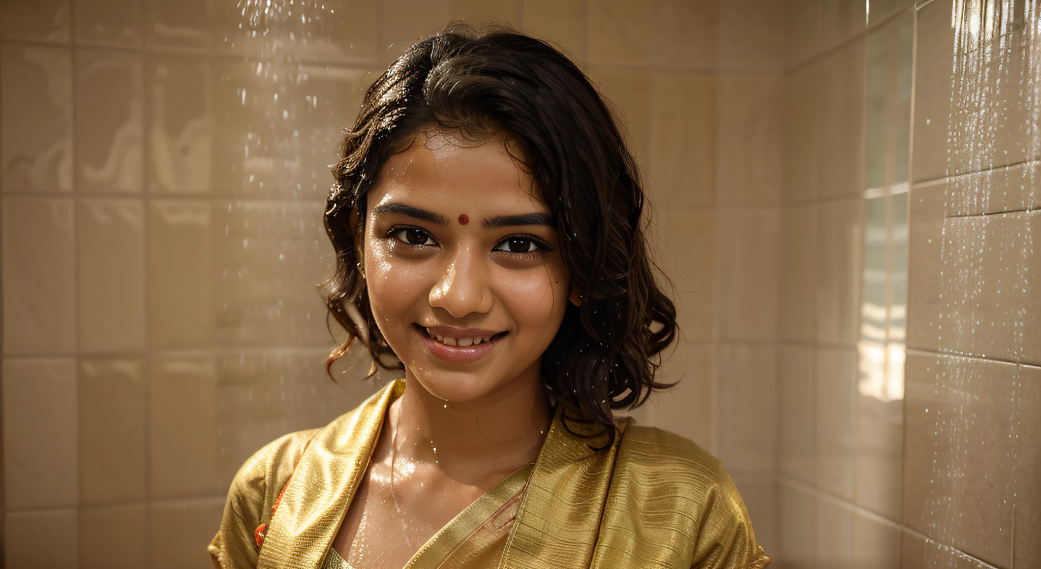 beautiful indian girl portrait with preety look sharp eyes beautiful face curly brwn hairs, wearing golden sari with blouze standing under shower and tacking shower in bathroom completely wet with water smiling,