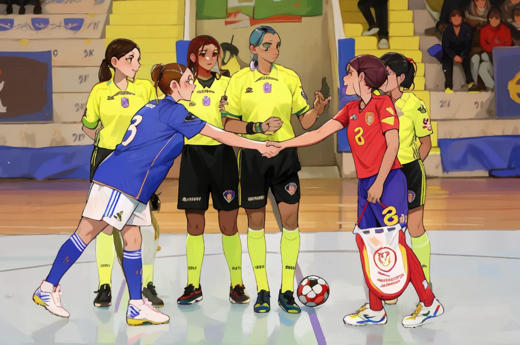 several women are shaking hands in a soccer game, simona sbaffi  the captain, mina petrovic, sanja stikovic, inspired by Slobodan Pejić, laura sava, rinat voligamsi, indoor, start of the match, svetlana tigai, inspired by Juraj Julije Klović, jonas roscinas
