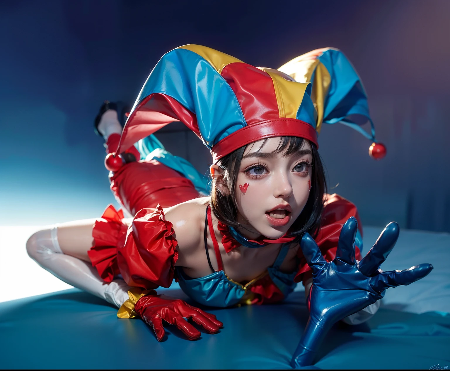 Clown girl with cute, glossy costume in red, blue, yellow, and white. Her outfit shines under the spotlight, reflecting a playful and vibrant atmosphere. Her hair is impeccably styled, with a glossy finish that adds to her charm.

The girl lies gracefully on the floor, striking a pose that captures both elegance and fun. Her facial expression radiates joy and innocence, bringing life to the scene. Her eyes, delicate and detailed, sparkle with excitement. Her lips, beautifully shaped, add a touch of sweetness to her overall appearance.

The image is of the highest quality, ensuring every detail is showcased perfectly. It is in 4k resolution, allowing viewers to immerse themselves in the richness of the colors and intricate details. The realistic rendering brings the clown girl to life, making her feel tangible and present in the artwork.

The background is dark, creating a contrasting backdrop that accentuates the girl's vibrant presence. The subtle rim light highlights the contours of her figure, adding depth and dimension to the composition.

This artwork combines the elements of a clown girl, glossy costume, beautiful hair, laying position, high-resolution image, realistic rendering, dark background, and rim light. The result is a visually captivating piece that captures the essence of joy and whimsy, inviting viewers into a world of enchantment and laughter.