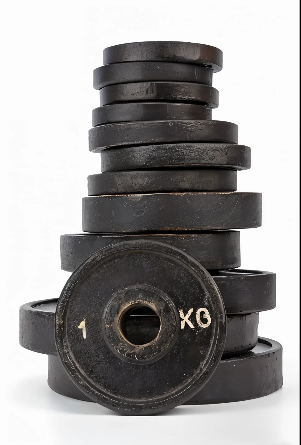 a close up of a stack of black weights on a white surface, lifting weights, thick set features, various sizes, stacked, heavy detail, cast iron material, spare, small medium and large elements, bells, 35 mm product photo”, stacked image, rich texture, strong features, strength, pan and plates, strong and imposing, fit, well worn, lightweight