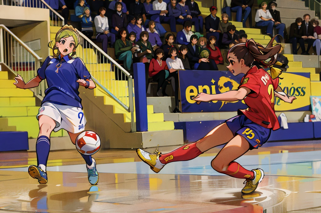 there are two women playing soccer on a court with a crowd watching, indoor, elena masci, laura sava, daverapoza, mina petrovic, indoor shot, caroline gariba, valentina remenar, estefania villegas burgos, barbara canepa, malika favre, julia sarda, ese, julia fuentes