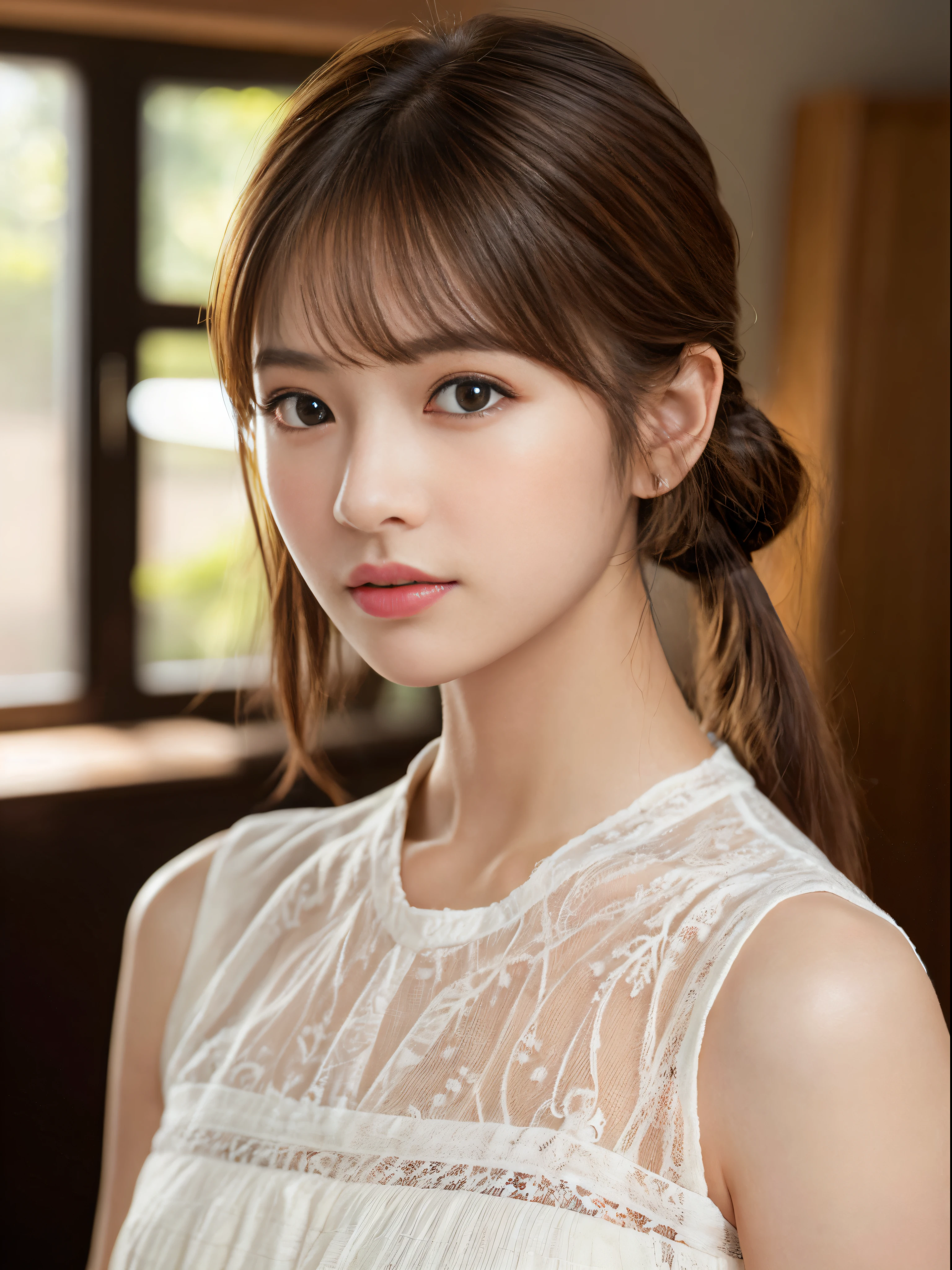 (​masterpiece:1.5)、(8K)、(Photorealsitic:1.5)、Raw photography、(Top image quality:1.4)、(foco nítido:1.5)、
top-quality、​masterpiece、超A high resolution、very detailed and professional lighting、
23 years old、slender、prety woman:1.4、serious facial expression、
In the living room where the morning sun shines、randome pose、
She wears a short dress.、
light brown hair、poneyTail、Glowing hair、
Super Detail Face、A detailed eye、二重まぶた、
Natural Color Lip、Transparent skin、