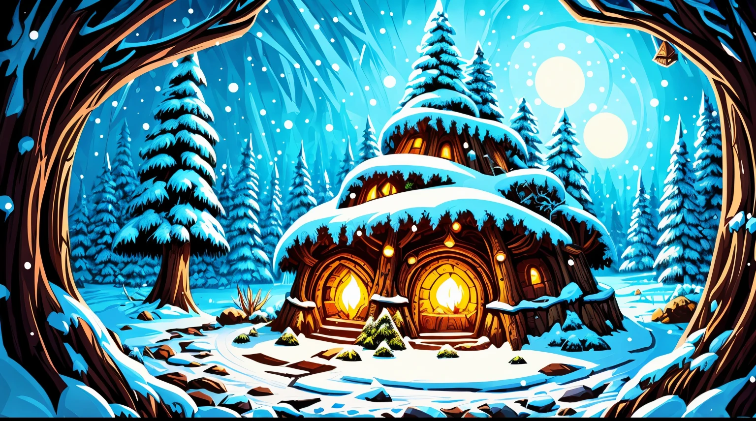 bright, (((cartoon style))), a fantasy druid's lair in dark forest in the center of the image , winter, illustration for children, fantasy art, masterpiece, forest in the background, winter, falling snow, detailed, intricate, 4k, art