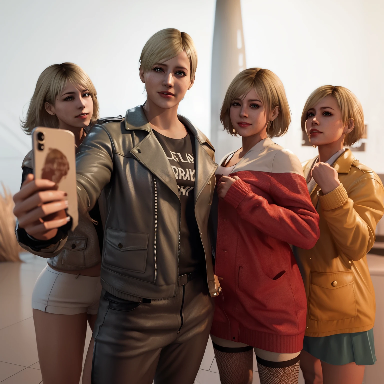 Sherry Birkin, woman, wearing jacket white, white hotpants, smile expression, blonde bob hair, selfie