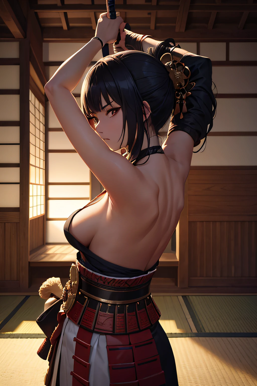 young japanese girl, samurai, evil look,,combat stance, wielding a sword, highly detailed, ancient japanese dojo in background, vibrant appearance, creative behavior, extremly detailed, imaginative, sensual, spontaneous, highest quality, skin texture, intricate details, (cinematic lighting), RAW photo, 8k, masterpiece,best quality,ultra-detailed,very detailed illustrations,extremely detailed,intricate details,highres,super complex details,extremely detailed 8k cg wallpaper,