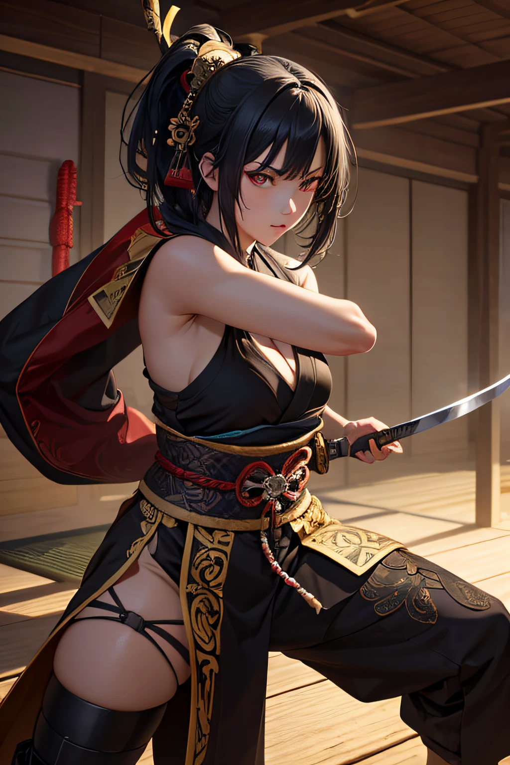 young japanese girl, samurai, evil look,,combat stance, wielding a sword, highly detailed, ancient japanese dojo in background, vibrant appearance, creative behavior, extremly detailed, imaginative, sensual, spontaneous, highest quality, skin texture, intricate details, (cinematic lighting), RAW photo, 8k, masterpiece,best quality,ultra-detailed,very detailed illustrations,extremely detailed,intricate details,highres,super complex details,extremely detailed 8k cg wallpaper,