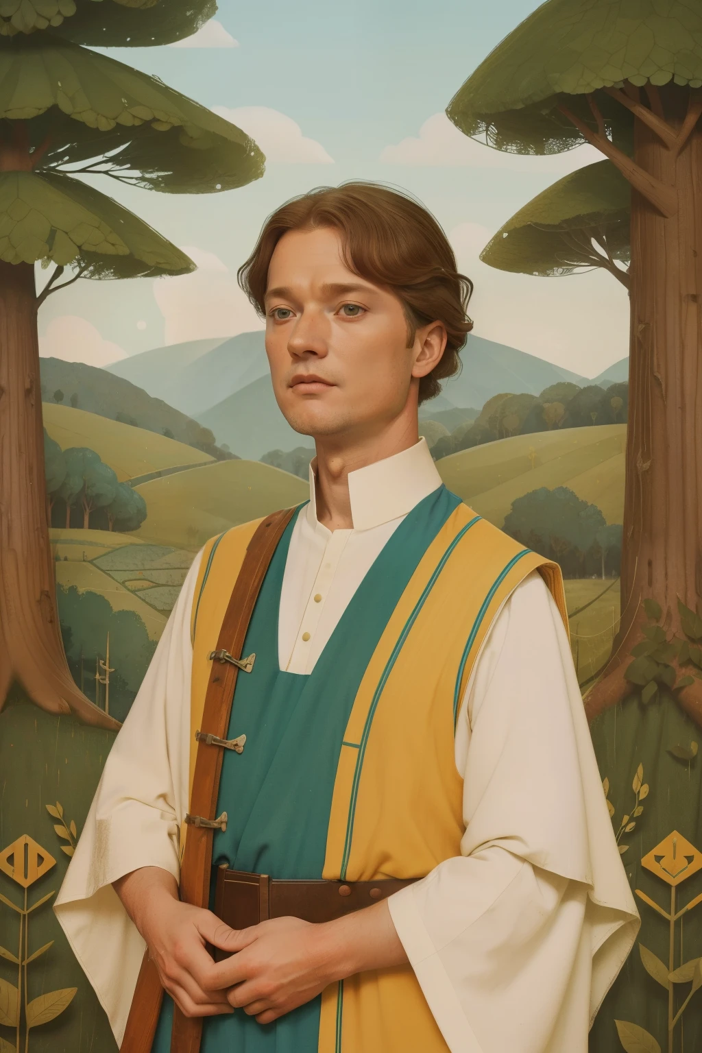 1135, England. otherworldly scene with a forest outside a construction site, ((((54-year-old)) Levi Miller)), look of relief, ((((poor tunic from the 12th century)))), ((Hairstyle of the 12th century)), ((Wes Anderson cinematic style)), colorful