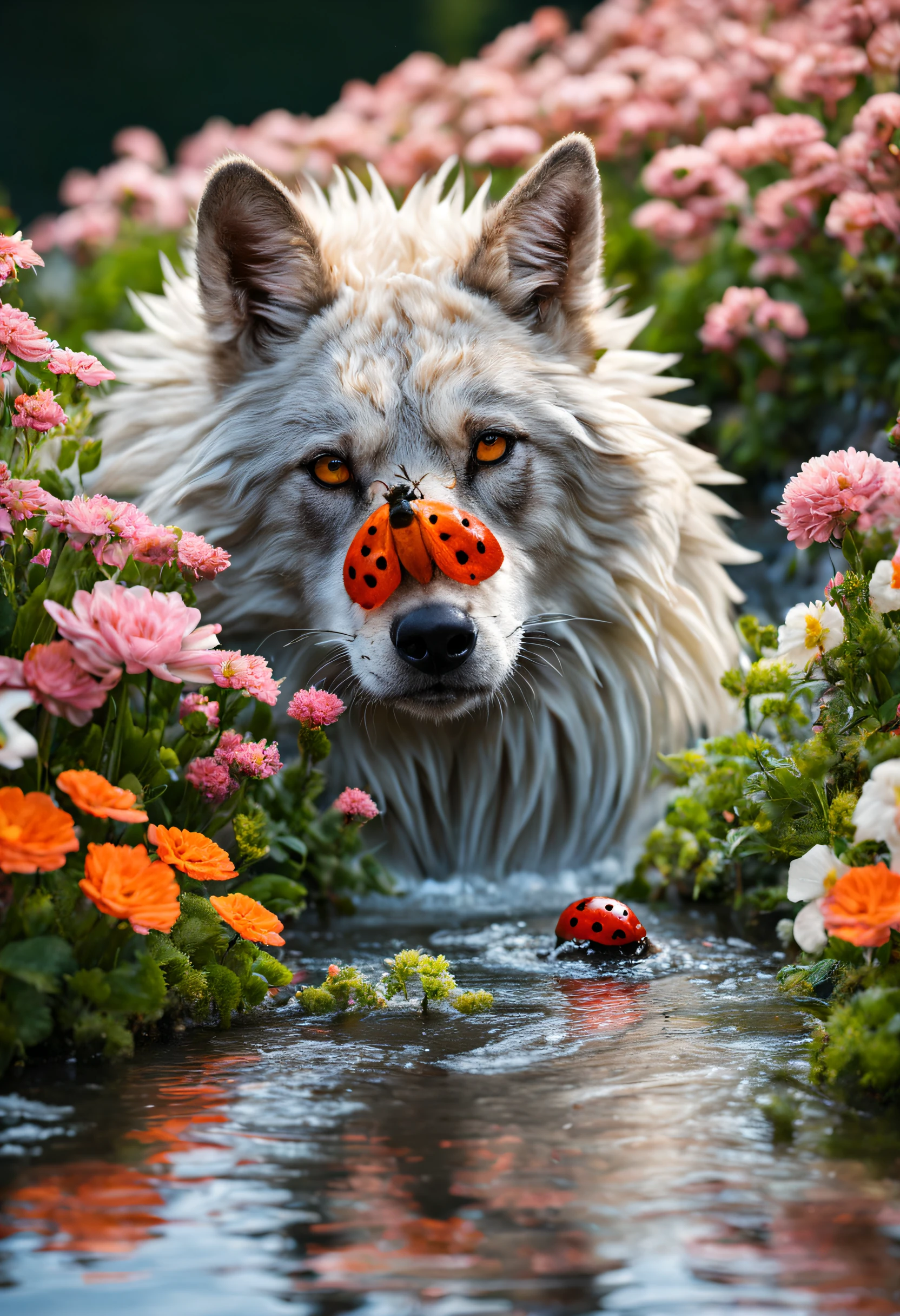 Une créature qui se tient debout comme un humain qui a un physique de loup, une peau recouverte de fleurs magnifique, et des antennes comme les coccinelles. C'est texturé et très réaliste. Il est debout devant une très jolie cascade d'eau coloré avec un léger arc en ciel qui apparait avec les gouttelettes d'eau