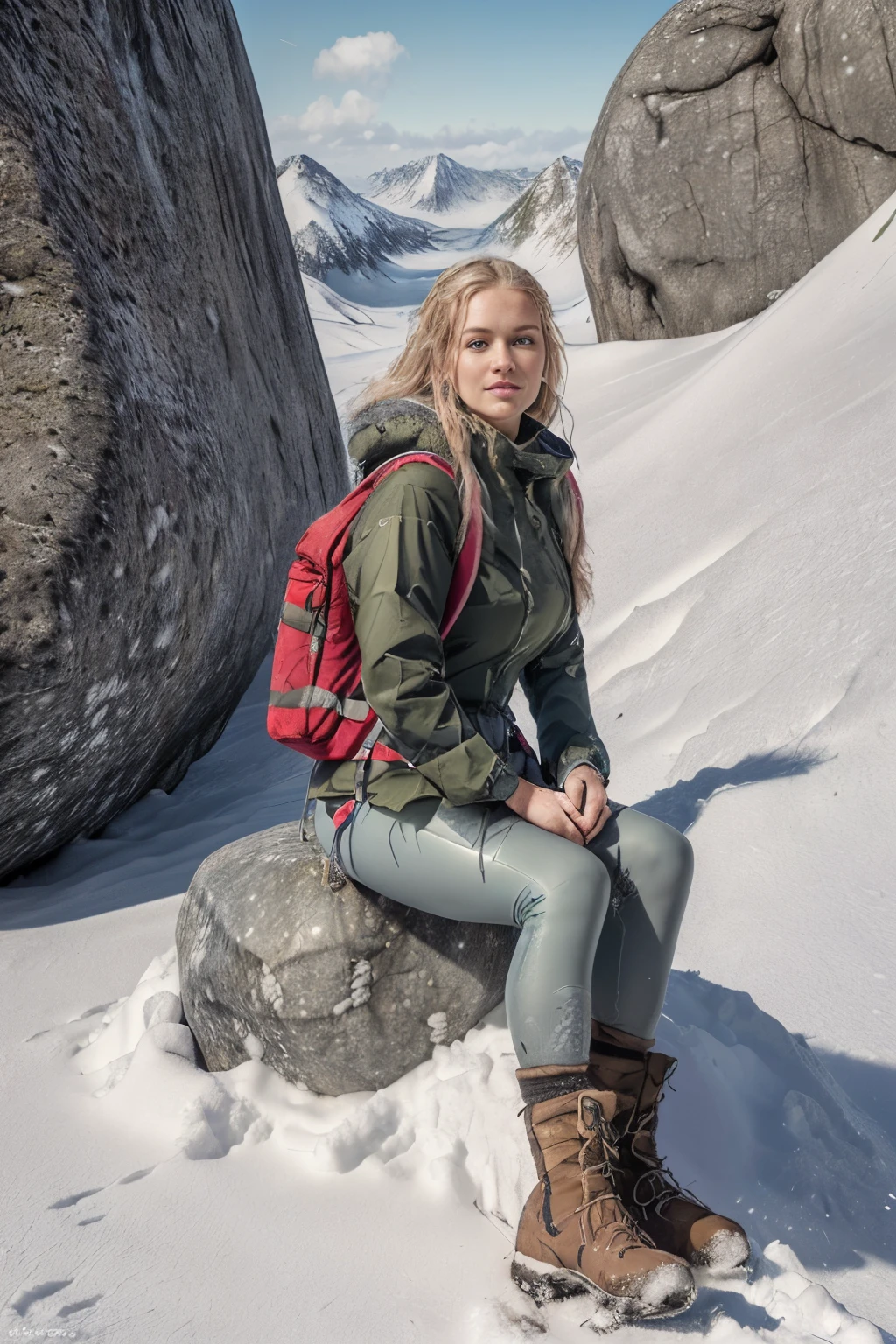 Naturescape photography; mountain climbing; Full body view; (1woman:0.5, solo), (slender body), (Small breasts) , (soaking wet red Norrøna Trollveggen shell jacket , hiking tights , wet wear, hiking boots, (((very large rucksack))), (climbing axe), (crampons,), ((sitting on a rock with her legs folded)), ((sheltered by a big boulder from the snowdrift )), Rough track, boulders , (long yellow hair), (nordic girl, 26-year-old, ultra delicate face, ultra Beautiful face, ultra delicate eyes, ultra detailed nose, ultra detailed mouth, ultra detailed facial features, natural skin, blemishes, blue eyes), (smile: 0.75) (breasts are small: 0.5) (face shiny:0.8), (natural skin:1),(heavy winter snow fall, mountain views, with rugged Norwegian mountain ranges in the distance ), (Highest Quality, hyper-realistic:1.3, Super dense, very detailed illustration, Best image quality, very detailed illustration) natural skin, blemishes, detail skin texture, full body pose, natural skin poors, (((shot straight from the front ))) blizzard