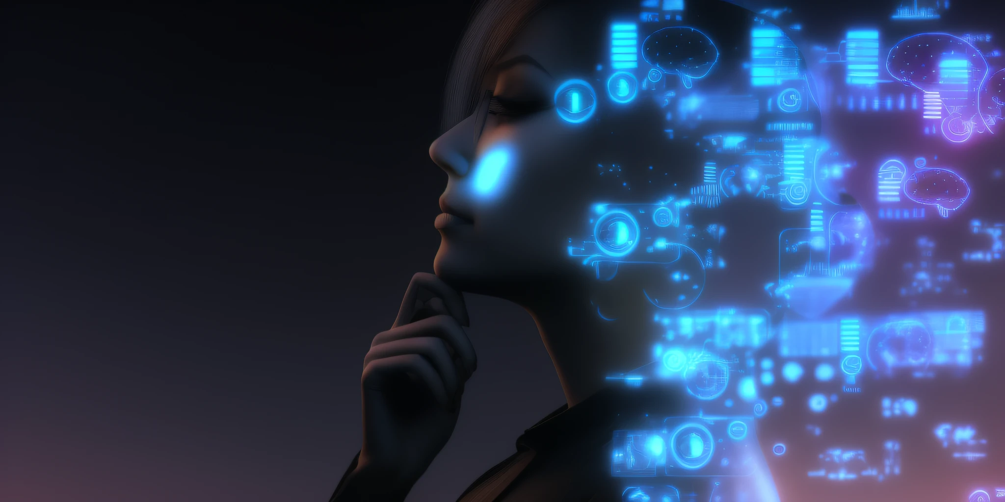 Image of an arafi woman putting her finger on her lips, The Coming AI Singularity, AI researcher, endless collaboration with ai, the encrypted metaverse, Powerful Artificial Intelligence, circuitry visible in head, female cyborg black silhouette, Foreseeing the future, The image is futuristic, An AI, cyberpunk transhumanist, AI that creates realists