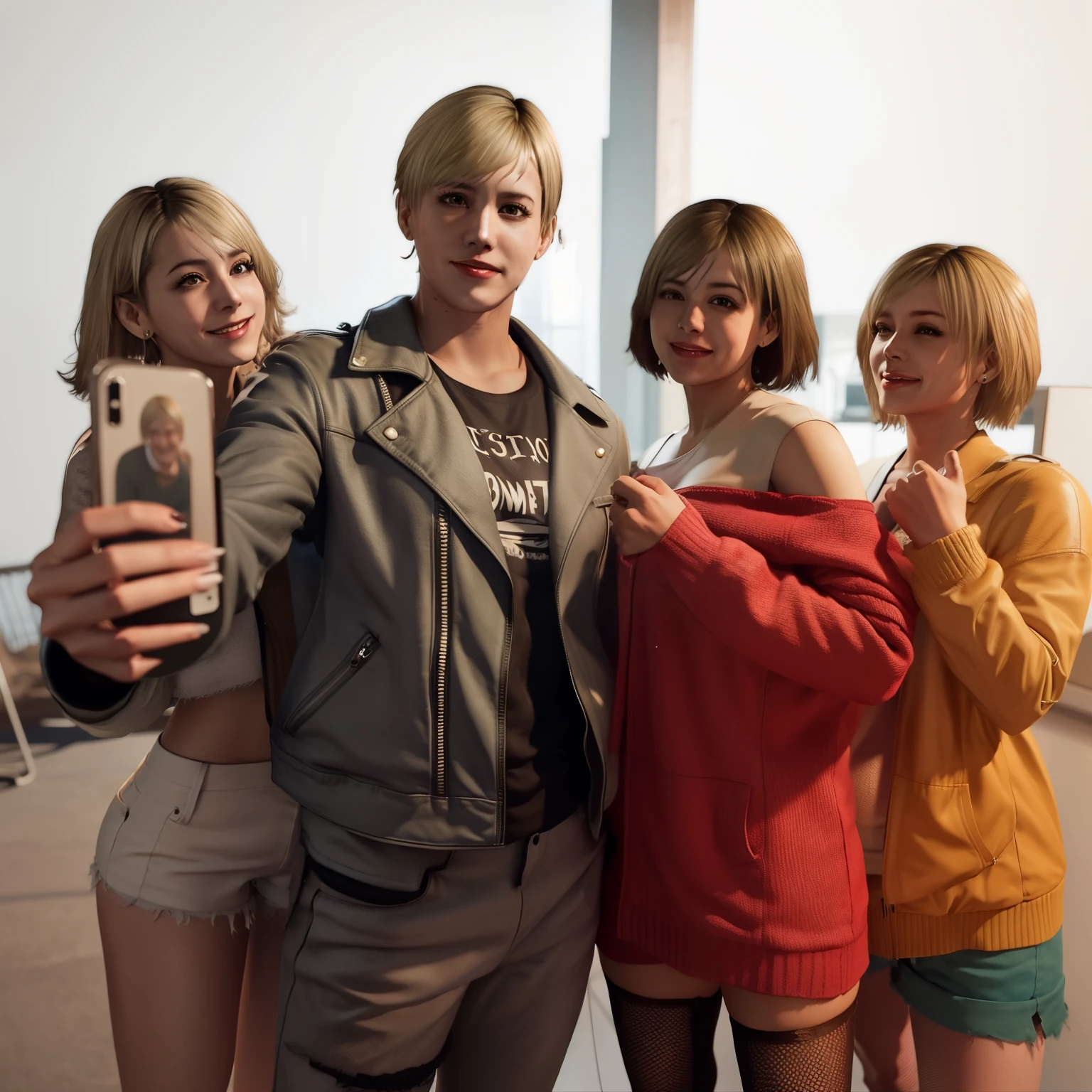 Sherry Birkin, woman, wearing white tanktop jacket, white hotpants, smile expression, blonde bob hair, selfie