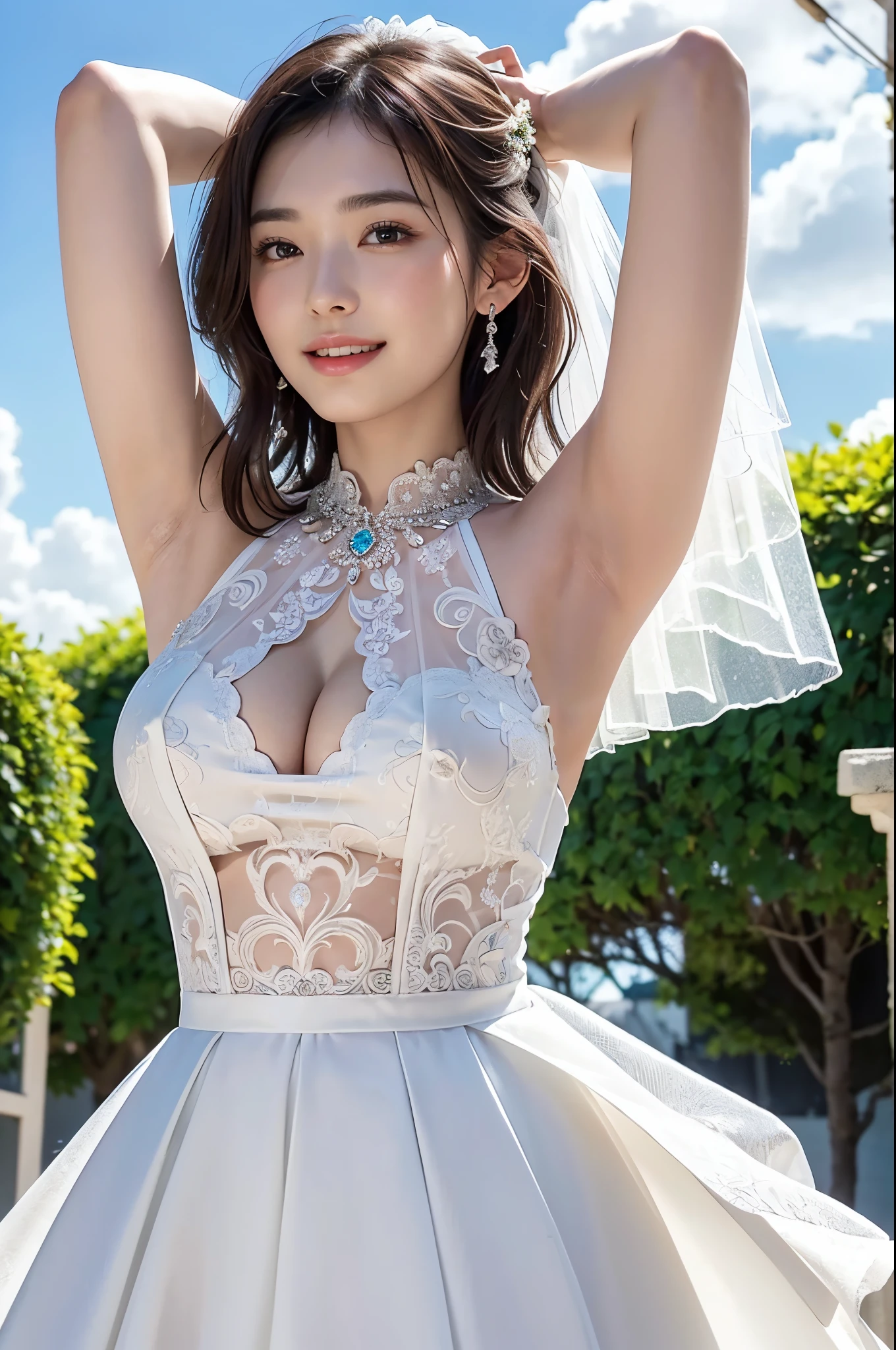 ((8K、masterpiece、RAW Photos、Live action、best qualtiy、A hyper-realistic:1.2))、(Highest Quality: 1.2)、high-definition RAW color photography、Professional Photography、Beautuful Women、独奏、Detailed eyes and mouth、(large boob:1.2)、(Beautiful Wedding Dresses:1.3)、A charming smile、Narrow waist、Erotic、intricate detailes、(Beautiful flowers and plants and sky behind:1.2)、Beautiful lighting、Detailed mouth、Textured skin、Super Detail、high detailing、High quality、hight resolution、full body Esbian、beautiful hairl、、Fancy lighting、happily laughing、vivid、Raise your arms behind your head、armpit