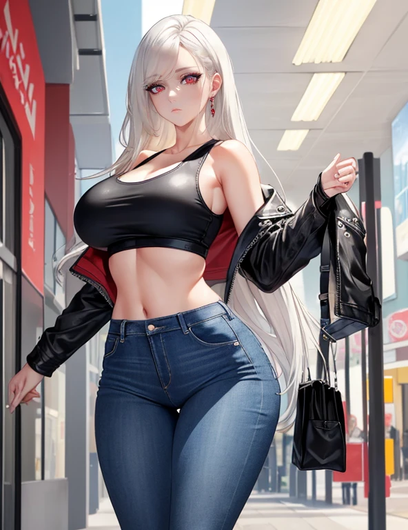 (Best quality, 4k, Masterpiece :1.3), mature pretty woman, ultra-detailed face, detailed lips, full lips, detailed eyes, double eyelid, wide hips, thick thighs, smooth skin, (big breasts:1.4), round breasts, symmetrical breasts, fake breasts, white hair, red eyes, ((thicc body)), tall, casual outfit, ((skinny jeans and a black leather jacket over a white tank top)), walking towards you in the mall, mall background, ((white tank top)), ((beautiful red eyes))