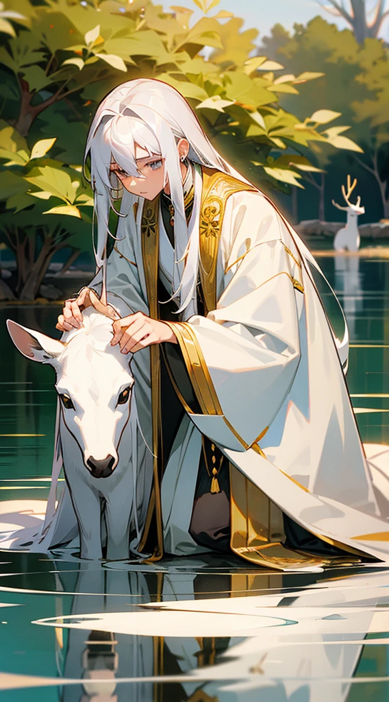 Asia teenager boy with long white hair and gray eyes, silver star earrings and a white robe with gold trim, kneeling next to a white deer lying by the lake