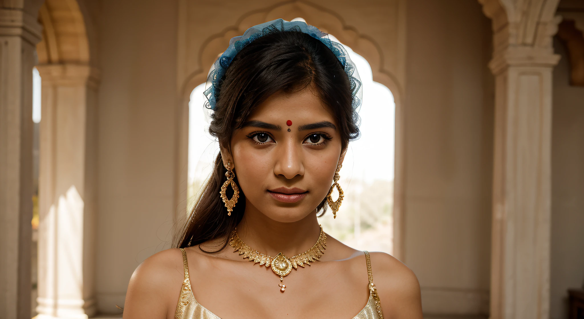 indian girl portrait with blue eyes fair skin color, wearing read wedding indian traditional dress, and gold jewellery