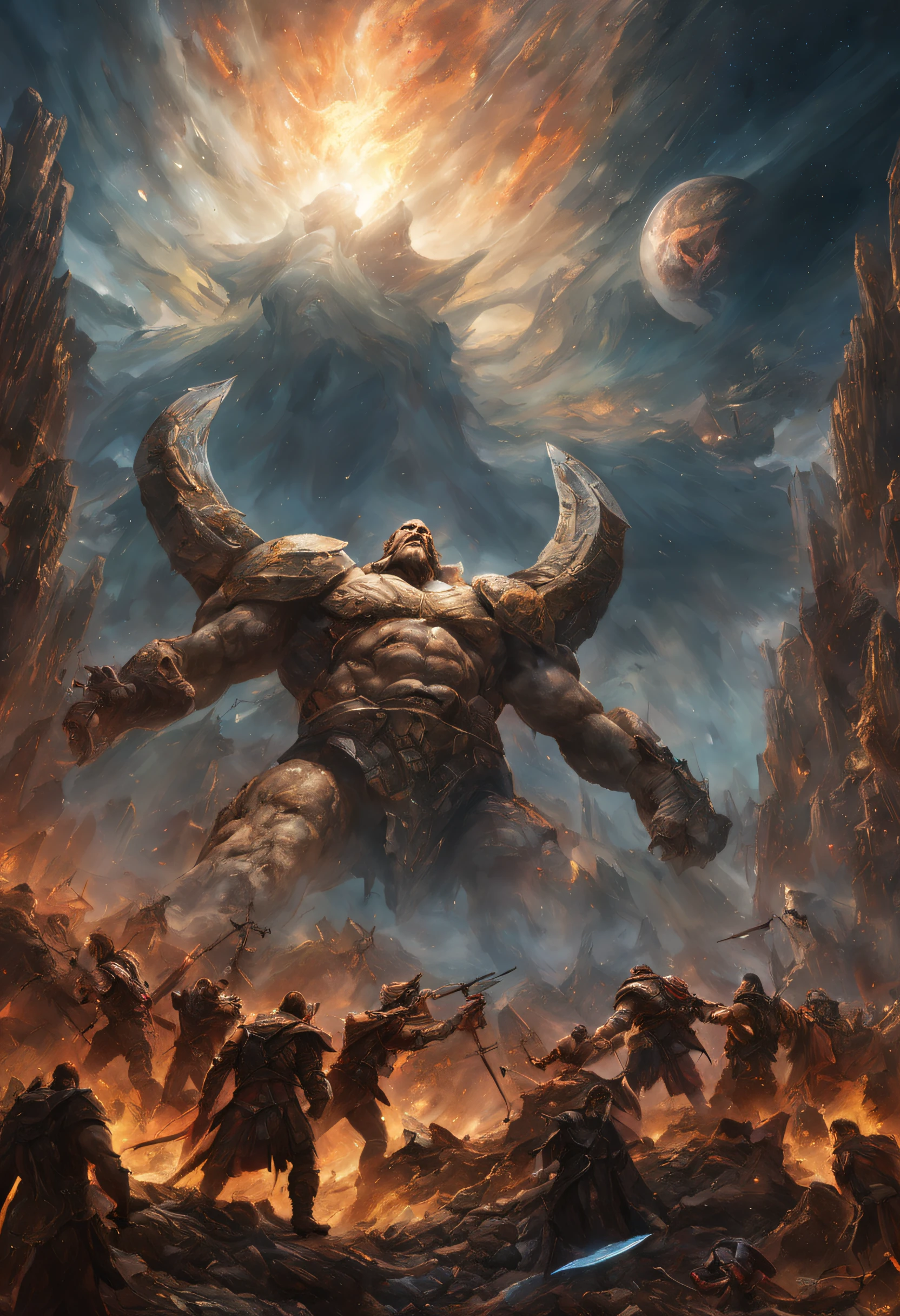 The rebellion of the warrior Prometheus against the army of the titan giants, it is very detailed, and textured, we see the galaxy behind