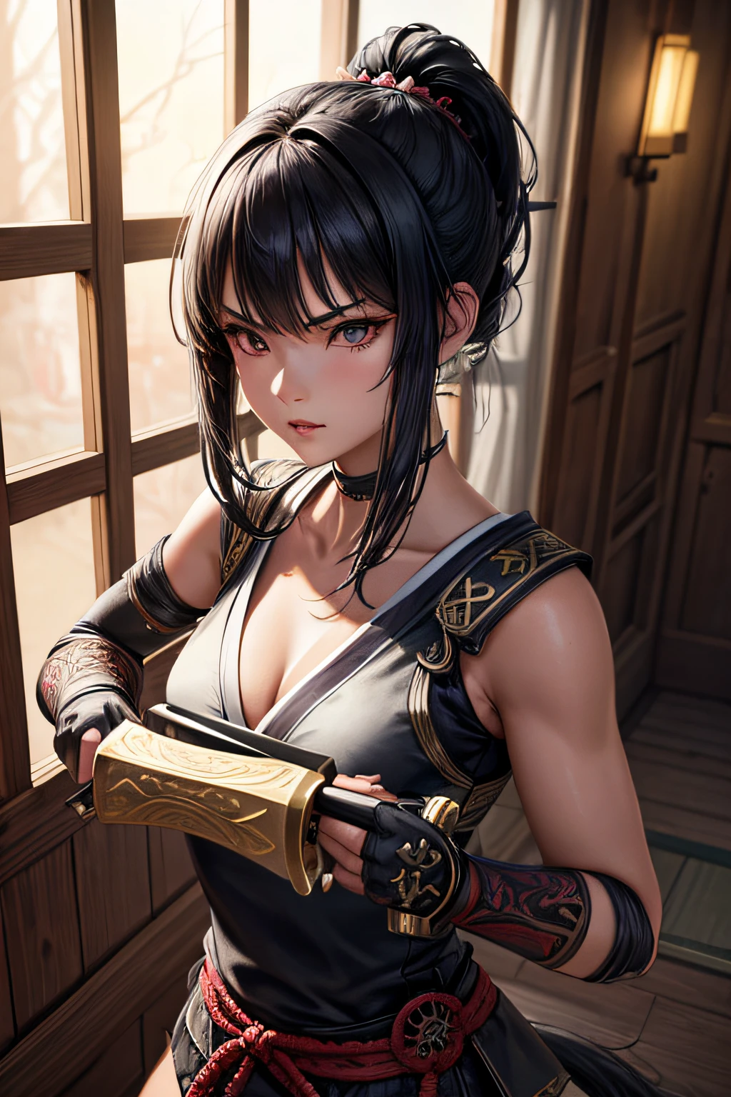 young teen girl, evil dark demonic girl, ancient samurai, evil look,,combat stance, wielding a sword, ancient samurai armor, long black hair, ponytail, highly detailed, ancient japanese dojo in background, vibrant appearance, creative behavior, extremly detailed, imaginative, sensual, spontaneous, highest quality, skin texture, intricate details, (cinematic lighting), RAW photo, 8k, masterpiece,best quality,ultra-detailed,very detailed illustrations,extremely detailed,intricate details,highres,super complex details,extremely detailed 8k cg wallpaper,