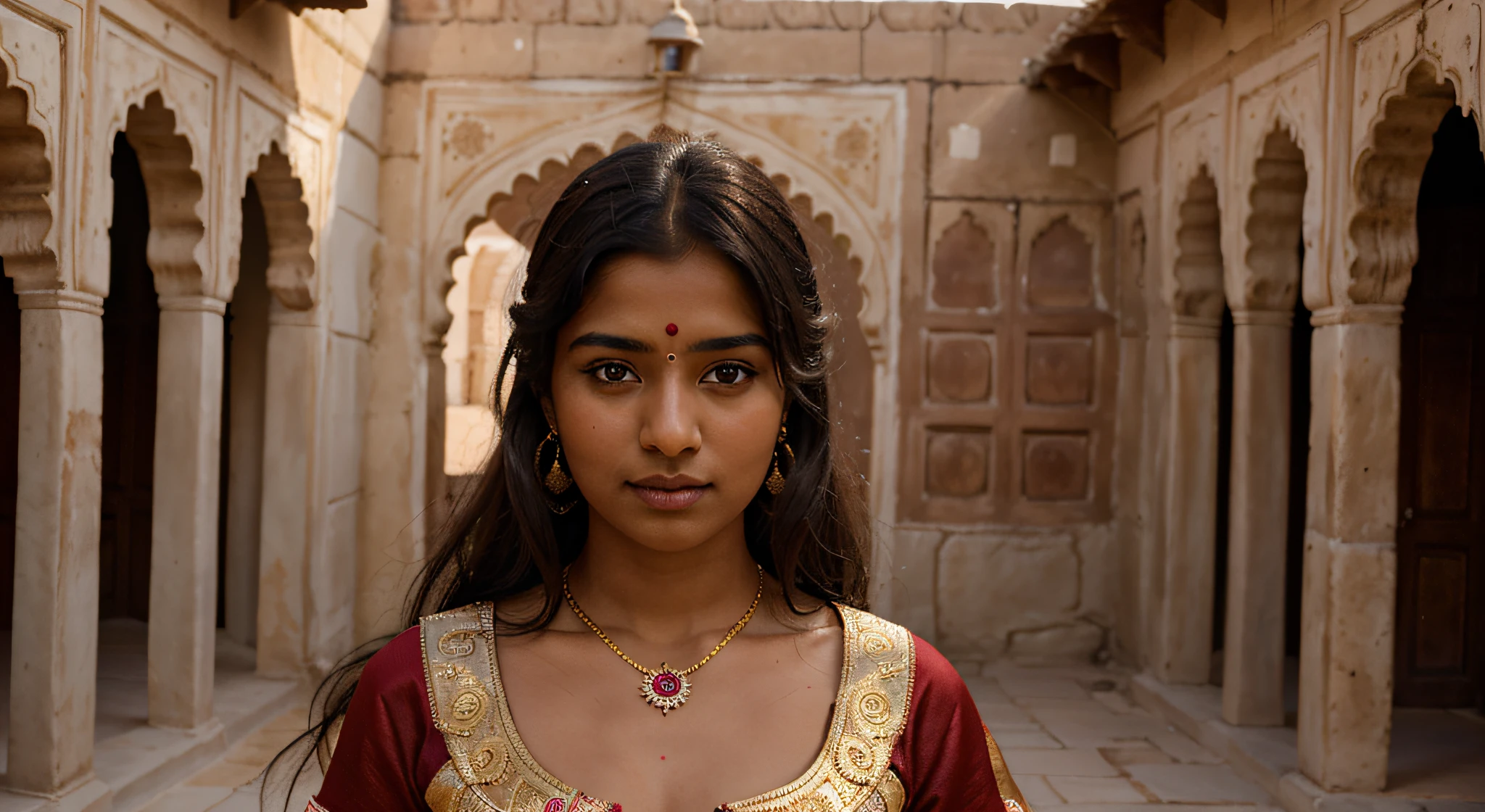 indian girl portrait with grey eyes dark skin color, wearing red wedding indian traditional dress, and gold jewellery behind amer fort in distance