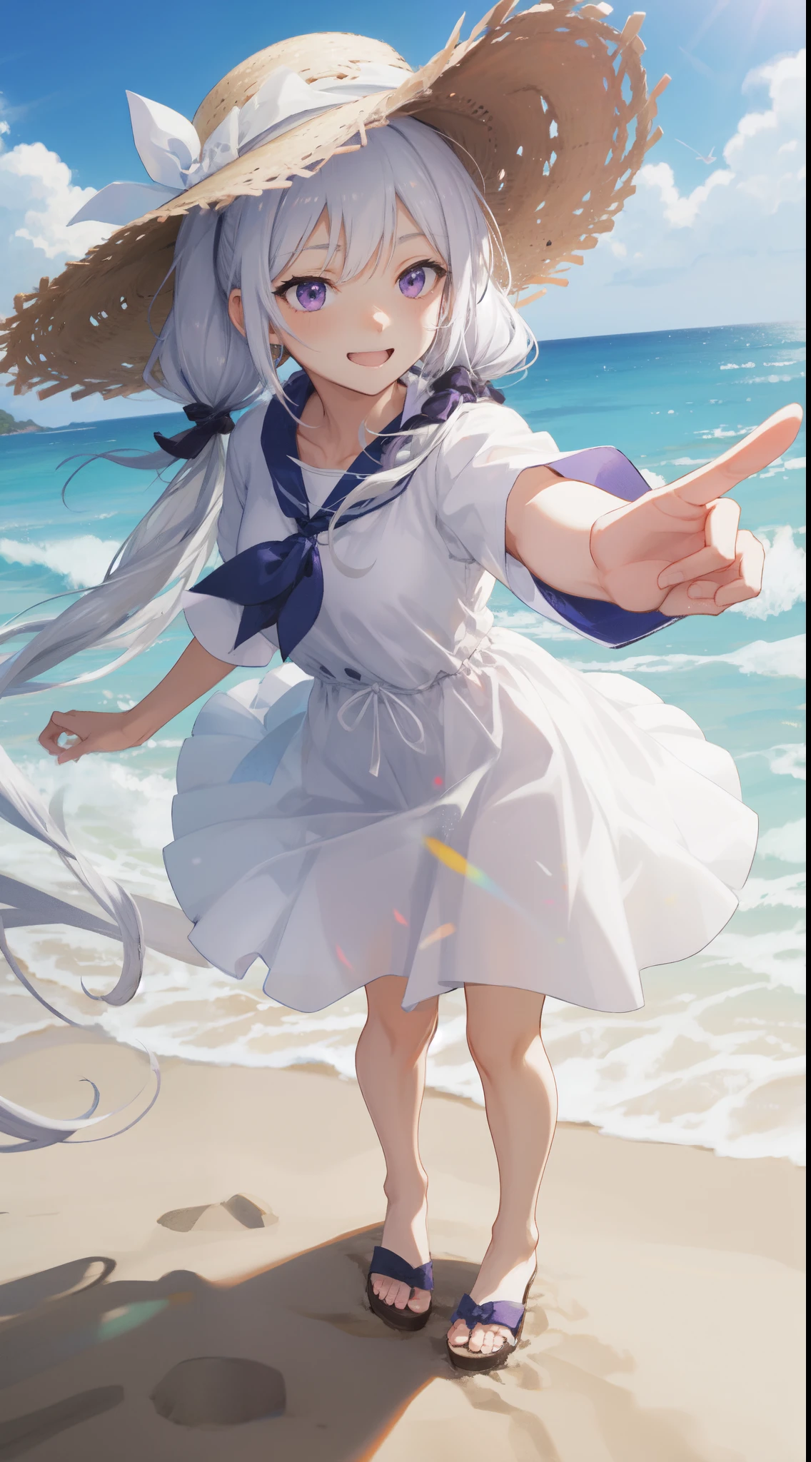 best quality, masterpiece, , ,short, huge breasts, white hair,low twintails, purple eyes, yukine chris, thin twintails,, beach, sea, white dress, white skirt, white one-piece, straw hat,  (((shy))), (happy), leaning forward, summer, from above, reaching out, smiling, art style by Artgerm, by Kawacy, By Yusuke Murata