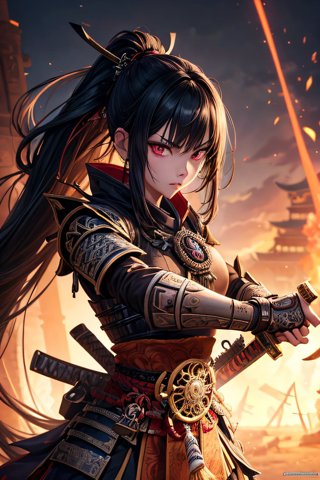 , evil dark demonic zombie ancient samurai, evil look,,combat stance, wielding a sword, ancient samurai armor, long black hair, ponytail, highly detailed, ancient japanese dojo in background, vibrant appearance, creative behavior, extremly detailed, imaginative, sensual, spontaneous, highest quality, skin texture, intricate details, (cinematic lighting), RAW photo, 8k, masterpiece,best quality,ultra-detailed,very detailed illustrations,extremely detailed,intricate details,highres,super complex details,extremely detailed 8k cg wallpaper,