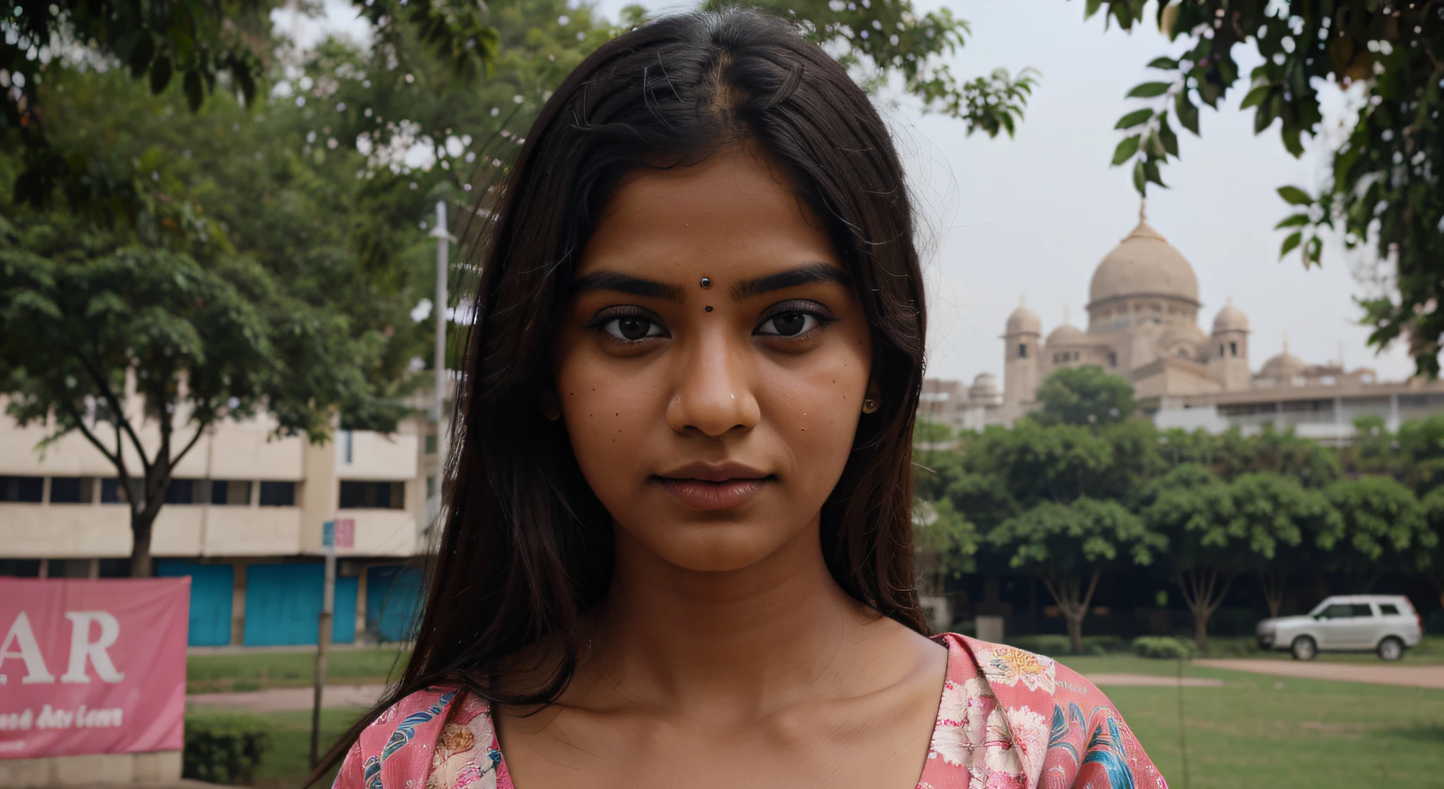 indian girl portrait wearing floral printed pink sari blue eyes, college in background