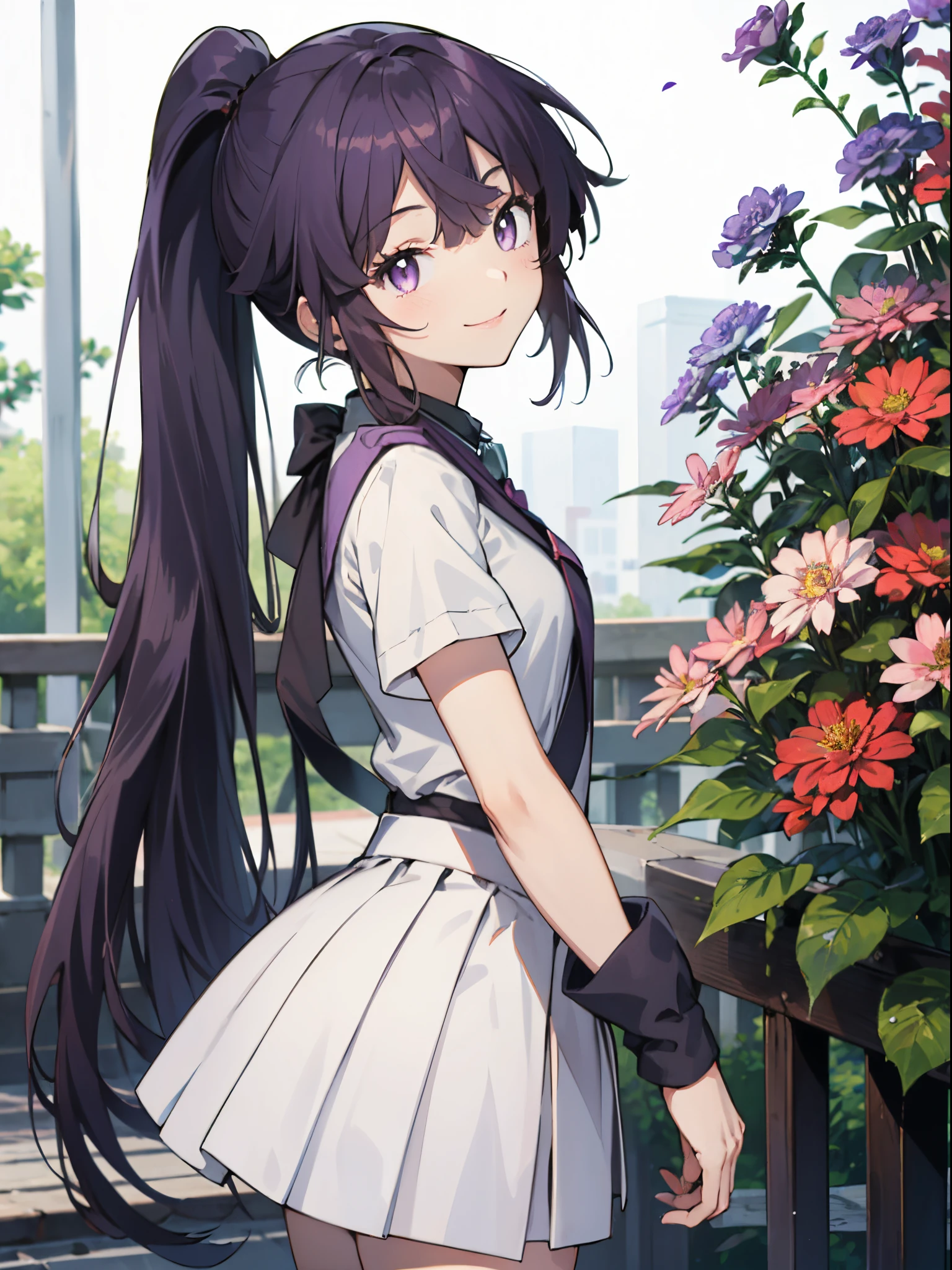 top-quality、anime girl with purple hair and purple eyes、Beautiful flowers々A park where flowers bloom、Akatsuki、 [3D images:1.15],hight resolution、a park、Best Quality, High resolution, front-facing view、long hair overall、purple single ponytail、1girl in, firm face, Smile, 
Akatsuki , Long hair, Brown hair, Purple eyes, Bright pupils, Cute clothes、tshirts、The shirt、Cute skirt、skirt by the, White skirt、absolute reference to center、Dating