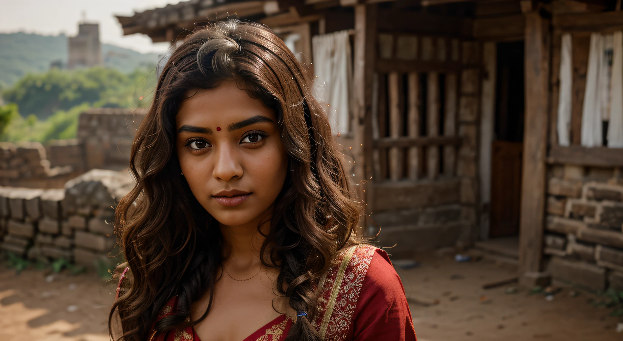 beautiful indian girl portrait with preety look sharp eyes beautiful face curly brwn hairs, wearing red wedding dress behind rustic old fort visible in distance