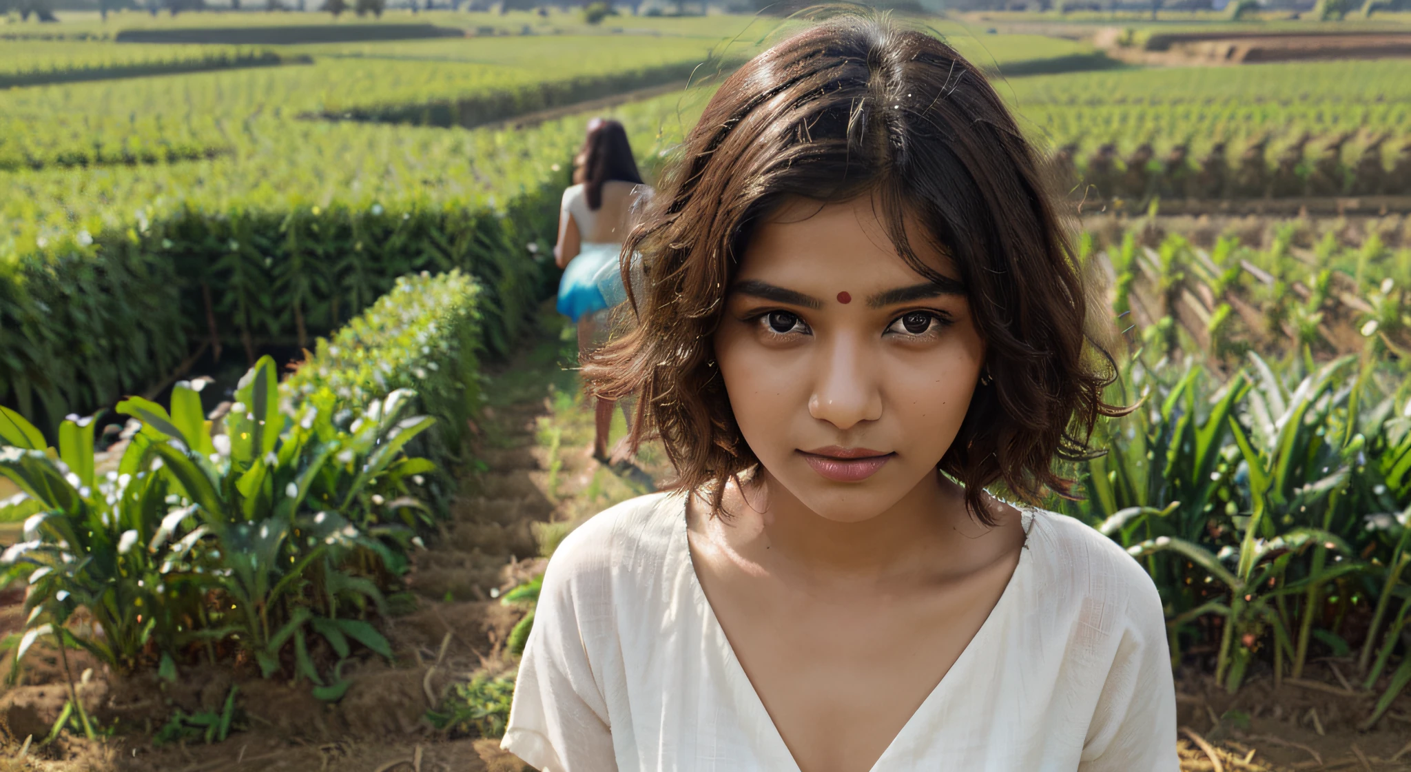 beautiful indian girl portrait with preety look sharp eyes beautiful face curly brwn hairs, wearing white dress and working in farm land surrounded with rice farm land