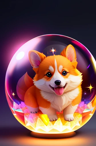 A cute adorable baby Welsh Corgi made of crystal ball with low poly eye's surrounded by glowing aura, flamming sparkles highly detailed intricated concept art trending artstation 8k