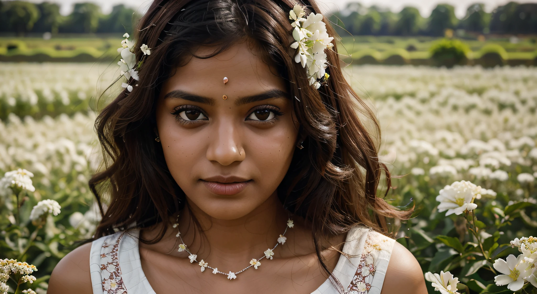 INDIAN YOUNG MODEL SMILING is adorned with a delicate flower crown, enhancing her ethereal beauty. Her heterochromatic eyes are vividly visible, with the green and brown hues blending harmoniously with the natural elements of the crown. Her flawless skin and high cheekbones complement the whimsical, nature-inspired vibe of the image, with the background softly blending into the floral theme.