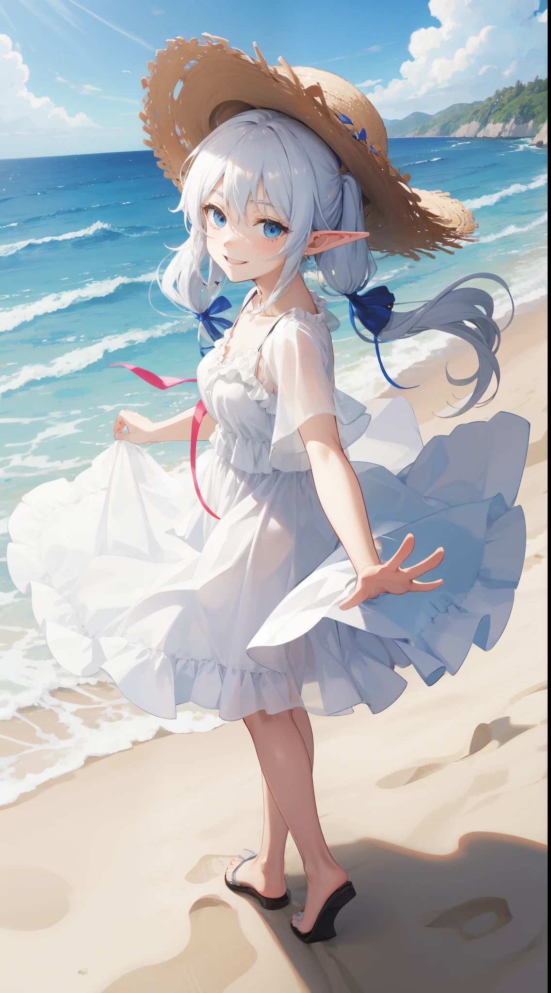 best quality, masterpiece, , ,short, big breasts, white hair,low twintails, blue eyes, yukine chris as elf, thin twintails,, beach, sea, white dress, white skirt, white one-piece, straw hat, (((shy))), (happy), leaning forward, summer, from above, reaching out, smiling, art style by Artgerm, by Kawacy, By Yusuke Murata