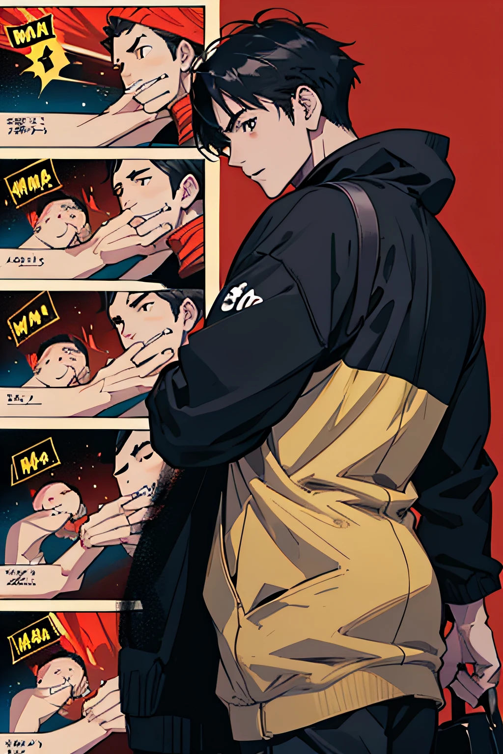 Comic Storyboard:1.8, comic strip, Comic Layout, My favorite manga storyboard, story of a loving couple, anime emoji theme pack, Hyper Hi-Vision, Japanese anime manga style, red background dark sky, 24K UHD.