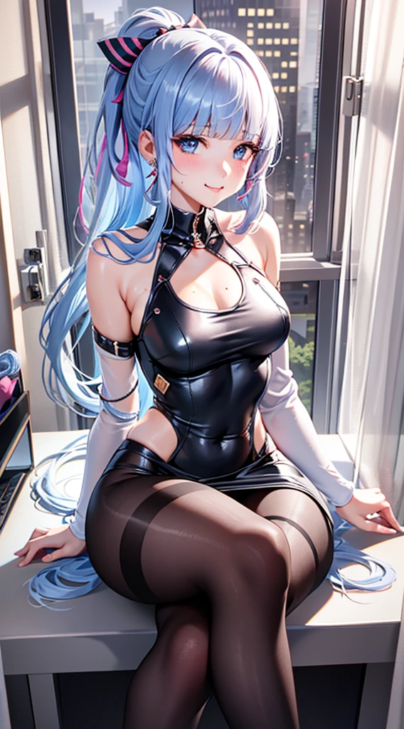 Character Details:, - Gender: 1 Girl.
- Style: Anime, - Body Type: Attractive body, slim body, nice legs, slim tights, nice arms, nice shoulders. - Breast: ((Small Breast:1,5)), Cleavage, Hidden Nipple.
- Facial Features: Beautiful, Gorgeous, ager, Fresh, Young.
- Expression: Open Smile, Horny, Pink Blush on Face, Sexy Eyes, Sexy Look, Sweating, Innocent Look, Tipsy. - Hairstyle: Blunt Bangs, Long Hair. - Hair Color: Light Blue Hair.
- Clothing: Office Cloth. - Body Pose: (Sitting). - Behaviour: Waiting, Want Something, Secretly.
- Accessories: Earrings., Environmental Details:, - Setting: Office Room., - Lighting: Natural Light., - Decoration: Modern Office Desk, Chair, Window, White Curtain, City View. Top view. pov, anime style, UHD, retina, masterpiece, accurate, anatomically correct, textured