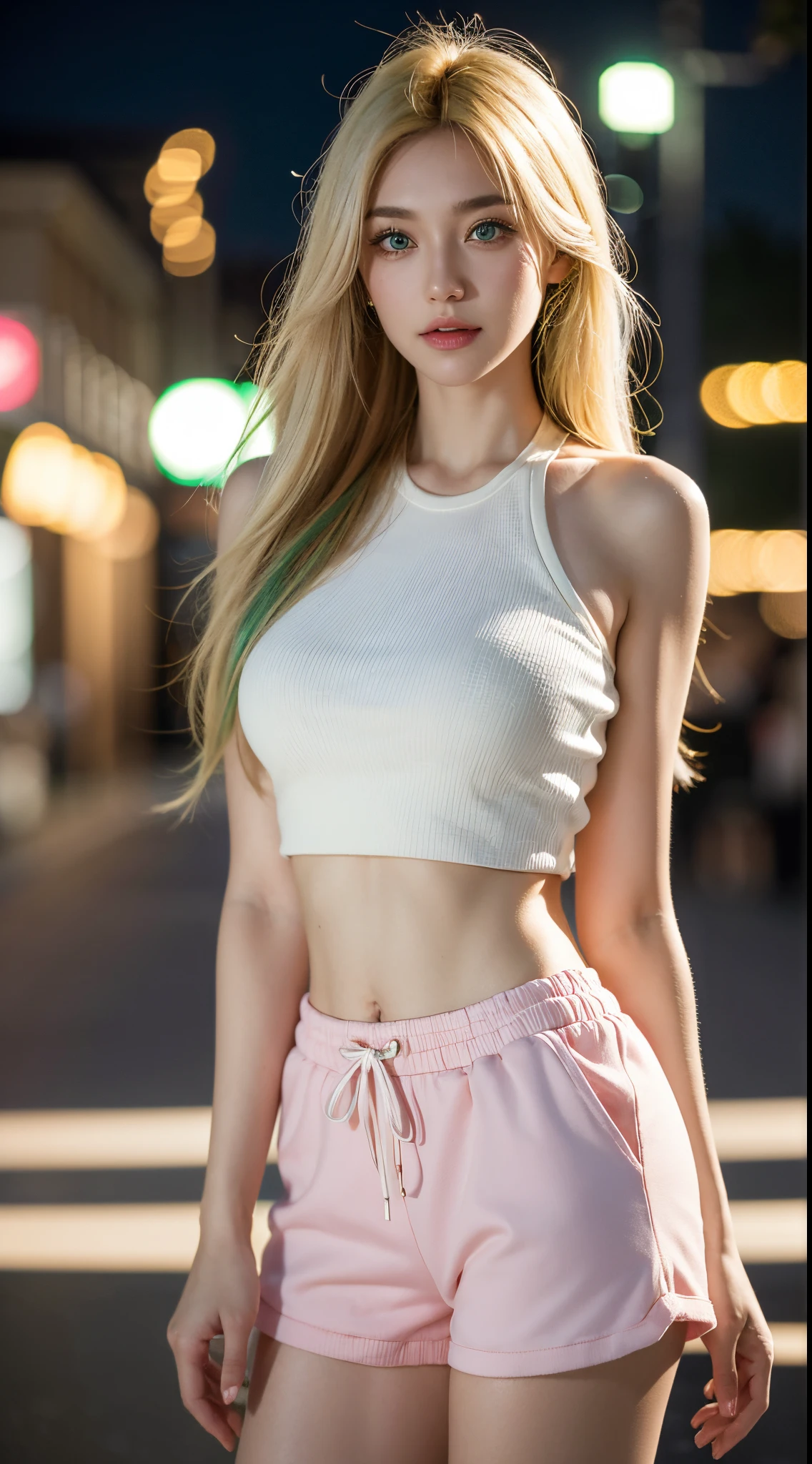 Master piace, high quality, full hd, super detail, Woman, 30 years, green eyes, golden hair, white shorts, pink cropped, pov, bokeh, urban backgroud, nigth, night lighting,