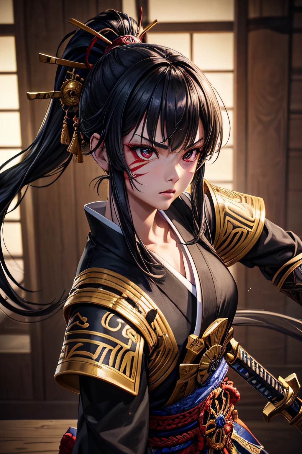 young teen girl, ancient samurai, evil look,,war facepaint, war bodypaint, revealing, combat stance, wielding a sword, long black hair, ponytail, highly detailed, ancient japanese dojo in background, vibrant appearance, creative behavior, extremly detailed, imaginative, sensual, spontaneous, highest quality, skin texture, intricate details, (cinematic lighting), RAW photo, 8k, masterpiece,best quality,ultra-detailed,very detailed illustrations,extremely detailed,intricate details,highres,super complex details,extremely detailed 8k cg wallpaper,