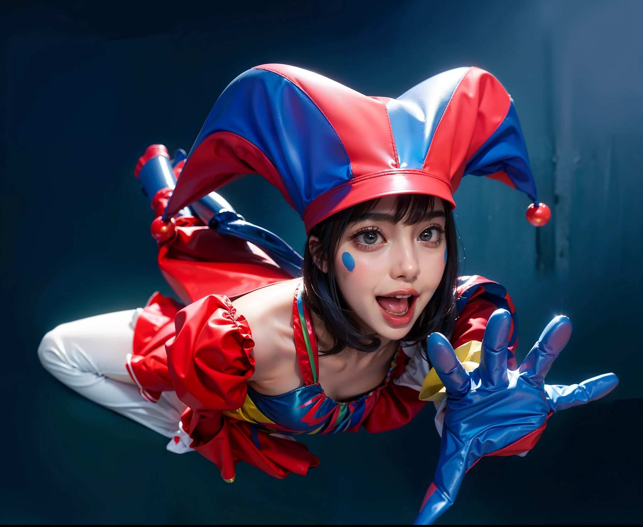 Clown girl with cute, glossy costume in red, blue, yellow, and white. Her outfit shines under the spotlight, reflecting a playful and vibrant atmosphere. Her hair impeccably styled, with a glossy finish that adds to her charm.
The girl lies gracefully on the floor, striking a pose that captures both elegance and fun. Her facial expression radiates joy and innocence, bringing life to the scene. Her eyes, delicate and detailed, sparkle with excitement. Her lips, beautifully shaped, add a touch of sweetness to her overall appearance.
The image of the highest quality, ensuring every detail showcased perfectly. It in 4k resolution, allowing viewers to immerse themselves in the richness of the colors and intricate details. The realistic rendering brings the clown girl to life, her feel tangible and present in the artwork.
The background dark, creating a contrasting backdrop that accentuates the girl's vibrant presence. The subtle rim light highlights the contours of her figure, adding depth and dimension to the composition.
This artwork combines the elements of a clown girl, glossy costume, beautiful hair, laying position, high-resolution image, realistic rendering, dark background, and rim light. The result a visually captivating piece that captures the essence of joy and whimsy, inviting viewers into a world of enchantment and laughter.