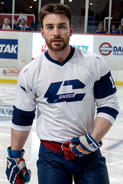 chris evans is a ice hockey player, muscular body, massive bulge, he is in an ice rink