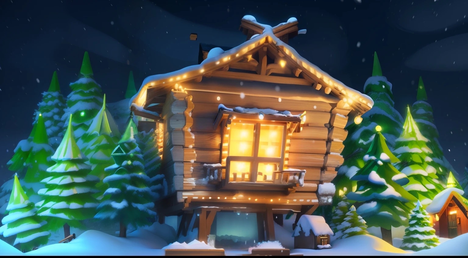 close-up of a small wooden house with lights on in the snow, stylized digital illustration, animated film, stylized 3 d, 3 d render stylized, Snowy Winter Christmas Night, 3 d stylize scene, christmas night, House of the Elves, Foreground background, stylized 3d render, stylized as a 3d render, animated still, Baba Yaga