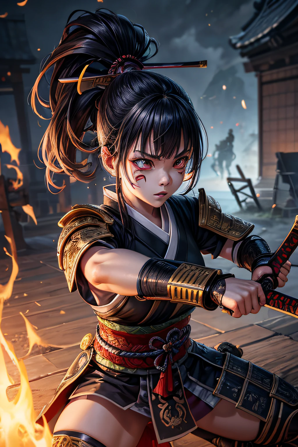 young teen girl, ancient samurai, evil look,,war facepaint, war bodypaint, revealing, sexi, combat stance, wielding a sword, long black hair, ponytail, highly detailed, ancient japanese dojo in background, vibrant appearance, creative behavior, extremly detailed, imaginative, sensual, spontaneous, highest quality, skin texture, intricate details, (cinematic lighting), RAW photo, 8k, masterpiece,best quality,ultra-detailed,very detailed illustrations,extremely detailed,intricate details,highres,super complex details,extremely detailed 8k cg wallpaper,