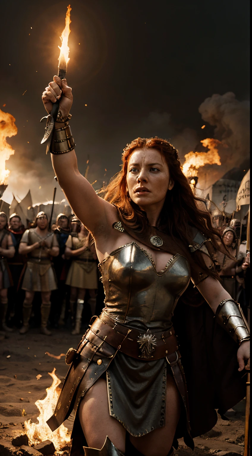 Boudicca, Queen of the Britons, standing defiantly against the Roman oppressors, leading her colossal army with fiery determination.