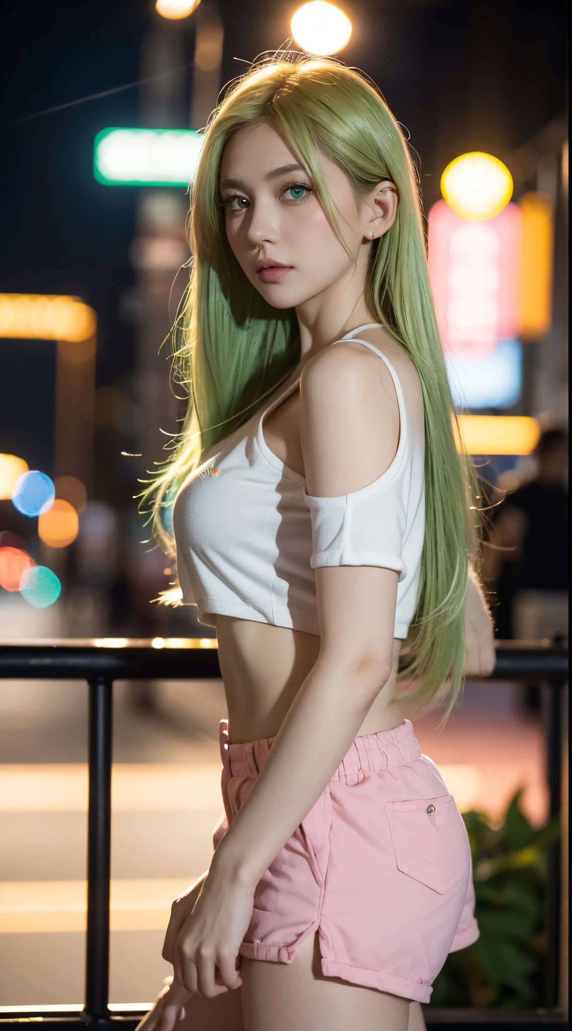 top-quality、超A high resolution、(Photorealsitic:1.4)、(Green Longhair:1.3)、greenhair、(azur lane\)、1girll、(Kpop Idol)、NSFW、Dress appearance、slenderbody、Behold、cute little、finerly detailed face、Contrapo、Smooth skin、parfect anatomy、White camisole、Pure black pleated skirt、A city scape、natta、Rain wet type、Professional Lighting、Shopping mall rooftop café、outside of house、no teeth、8K Wallpapers