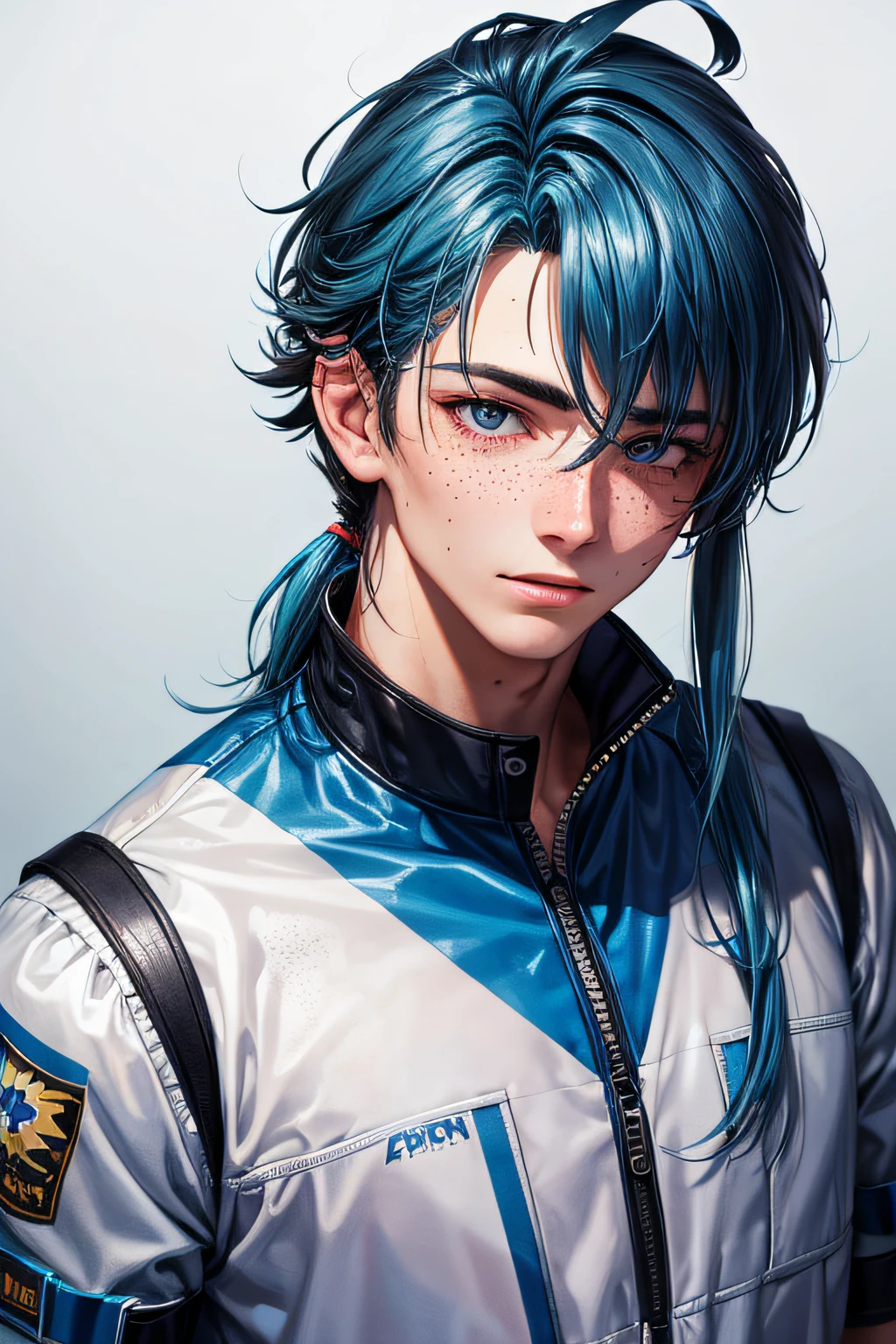 high quality, master piece, aussie boy, handsome face, freckles on cheeks (mostly under the eyes), blue mullet hair