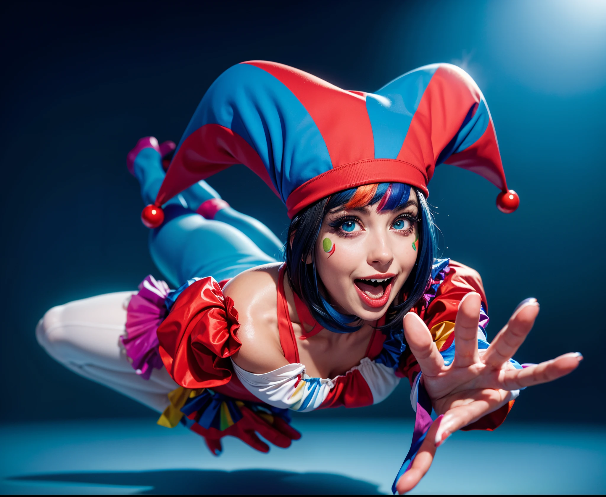 Clown girl with cute, glossy costume in red, blue, yellow, and white. Her outfit shines under the spotlight, reflecting a playful and vibrant atmosphere. Her hair is impeccably styled, with a glossy finish that adds to her charm. The girl lies gracefully on the floor, striking a pose that captures both elegance and fun. Her facial expression radiates joy and innocence, bringing life to the scene. Her eyes, delicate and detailed, sparkle with excitement. Her lips, beautifully shaped, add a touch of sweetness to her overall appearance. The image is of the highest quality, ensuring every detail is showcased perfectly. It is in 4k resolution, allowing viewers to immerse themselves in the richness of the colors and intricate details. The realistic rendering brings the clown girl to life, making her feel tangible and present in the artwork. The background is dark, creating a contrasting backdrop that accentuates the girl's vibrant presence. The subtle rim light highlights the contours of her figure, adding depth and dimension to the composition. This artwork combines the elements of a clown girl, glossy costume, beautiful hair, laying position, high-resolution image, realistic rendering, dark background, and rim light.