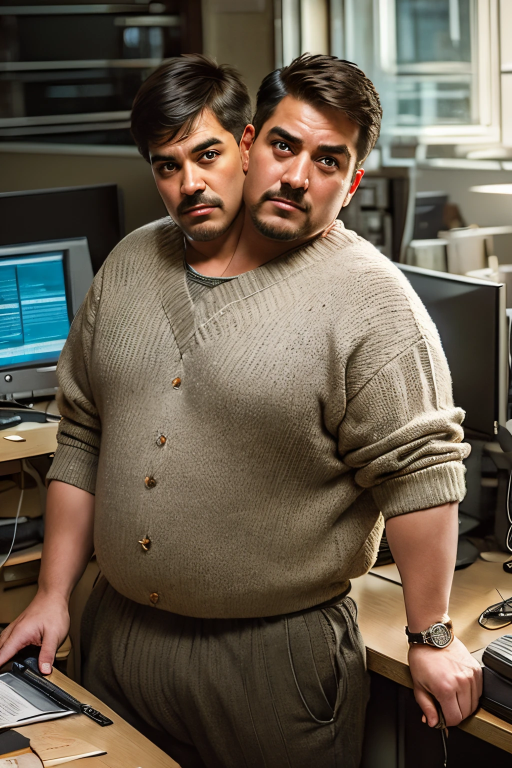 (((2heads))),1man, an overweight chubby middle aged American, facial hair, wearing a men's oversized sweater and a speedo,((big bulge;1.5)), in an office cubicle, dreamy atmosphere, fluorescent lighting , serene atmosphere, epic realistic,illustrated by herg, style of tin tin comics, pen and ink,art by greg rutkowski and artgerm, soft cinematic light,hdr, intricate, highly detailed, (depth of field:1.4), faded, (neutral colors:1.2), (hdr:1.4), (muted colors:1.2), hyperdetailed, (artstation:1.4), cinematic, warm lights, dramatic light, (intricate details:1.1), complex 1990s office background, (rutkowski:0.66), (teal and orange:0.4), (intricate details:1.12), hdr, (intricate details, hyperdetailed:1.15) (skin texture:1.2)